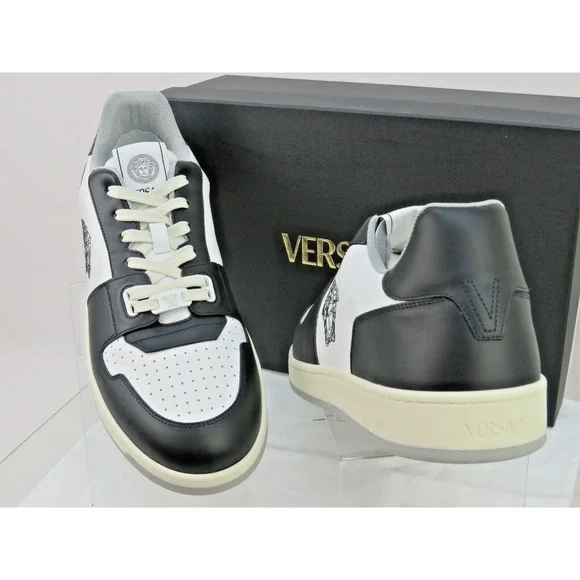 NIB VERSACE BLACK WHITE LEATHER MEDUSA HEAD LOW TOP SNEAKERS US 14 EUR 47 ITALY